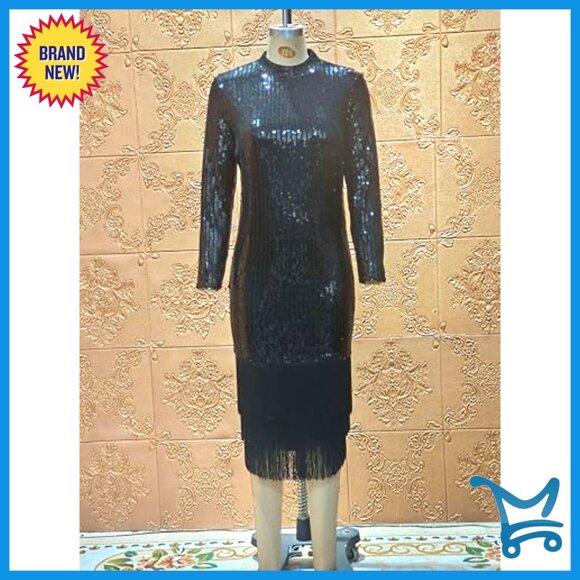 Sequin Tassel Bodycon Midi Dress Elegant Formal Evening Party Gown - Picture 5 of 7